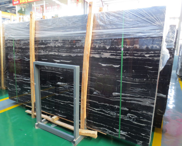 Zebra black marble slab with white veins