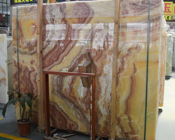 Polished red vein serpentine yellow onyx slab